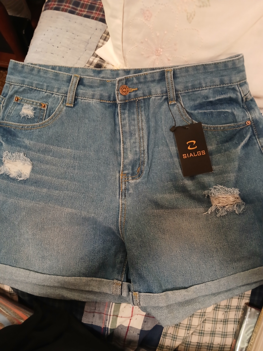 SHEIN Light Blue Distressed Rolled-Hem Denim Shorts